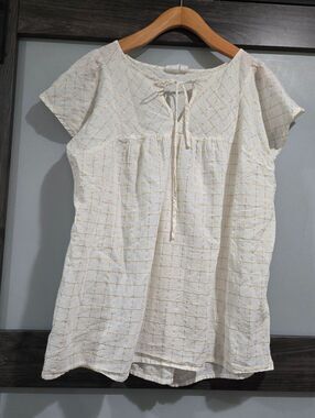 Gap Metallic Windowpane Top Size Medium Ivory Gold Plaid Peasant Boho Blouse